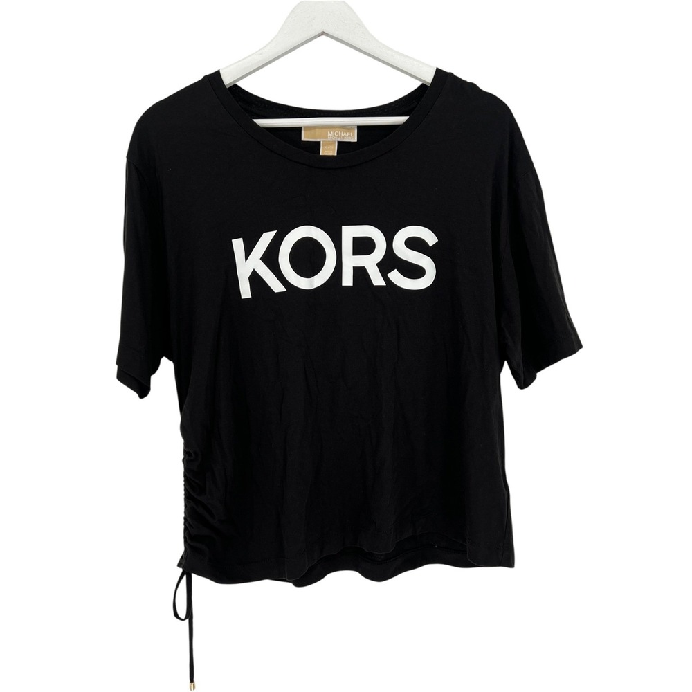 Michael Kors T-Shirt Black Logo Side Ruched Cinch Drawstring Cropped Women's XL